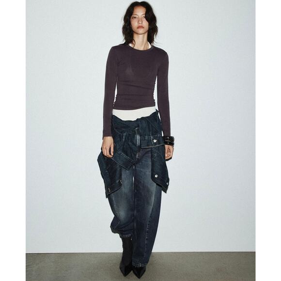 EUC Zara Charcoal Long Sleeve Crewneck Knit Top Sz Large Fitted Minimal Layering - Picture 5 of 16